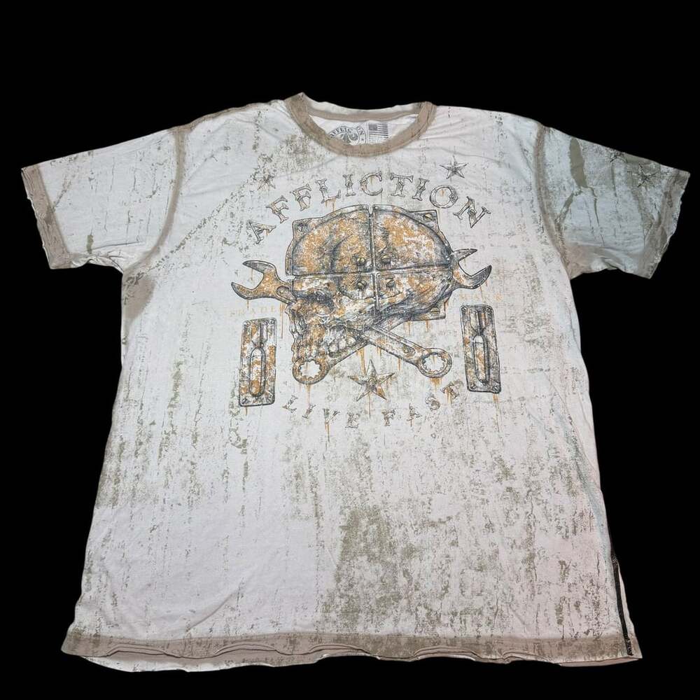 Affliction Graphic T-Shirt Size 2X-Large Off White Skull Wrench